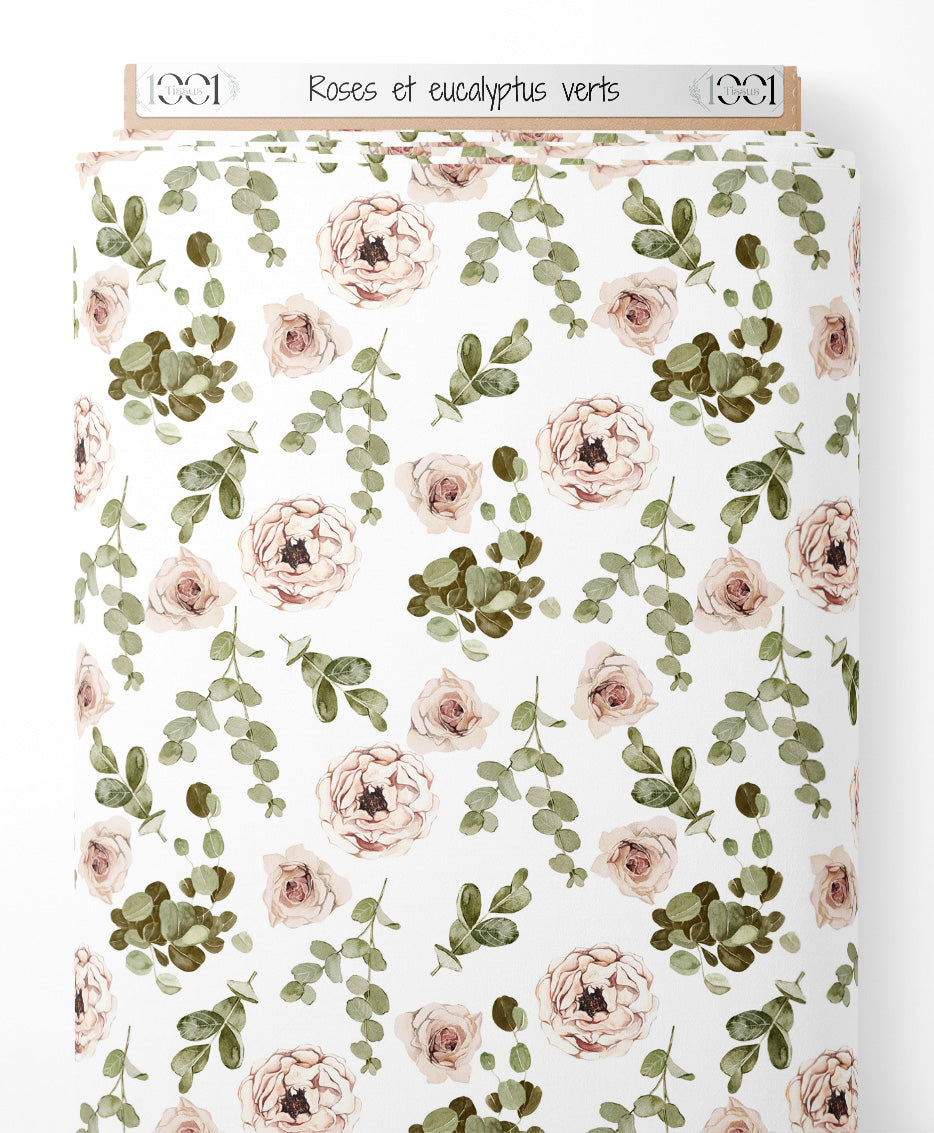 Tissu - Roses et eucalyptus verts