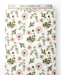 Tissu - Roses et eucalyptus verts