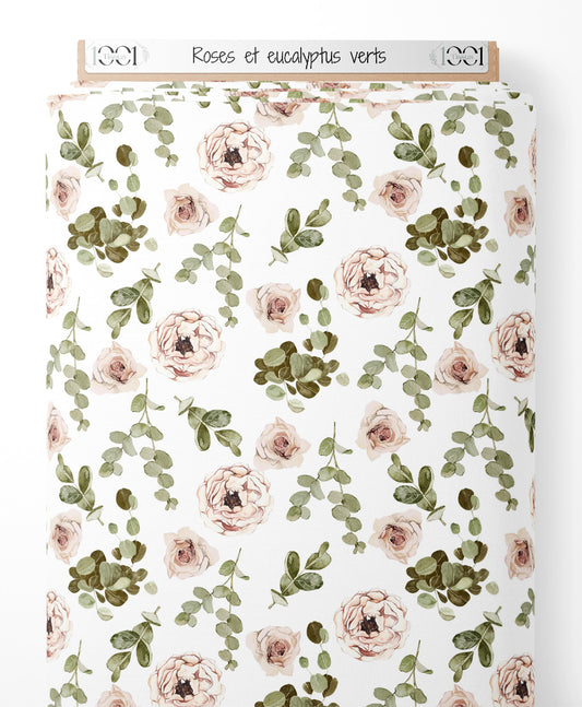 Tissu - Roses et eucalyptus verts
