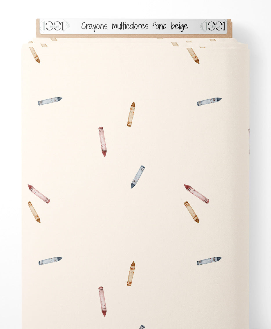 Tissu - Crayons multicolores sur fond beige