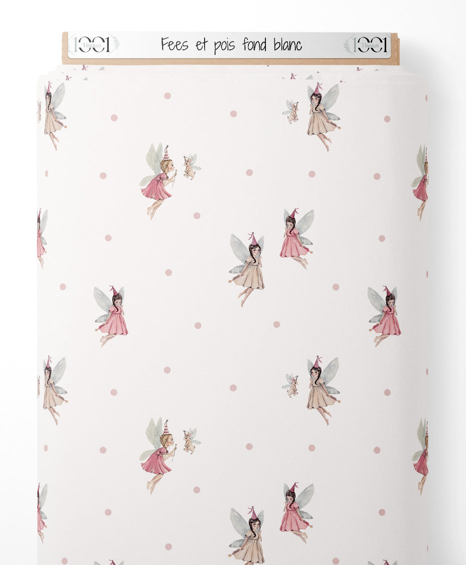 Tissu - Fées et pois sur fond blanc