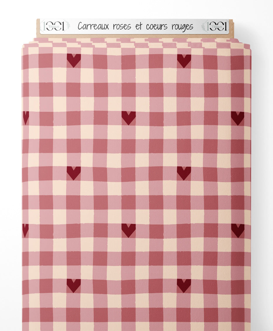 Tissu - Carreaux roses et cœurs rouges