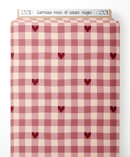 Tissu - Carreaux roses et cœurs rouges