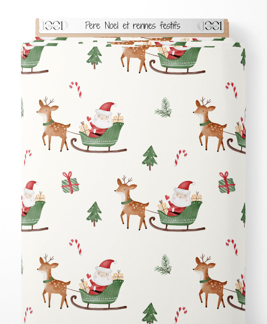 Tissu - Père Noël et rennes festifs