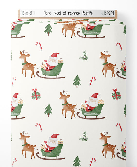Tissu - Père Noël et rennes festifs
