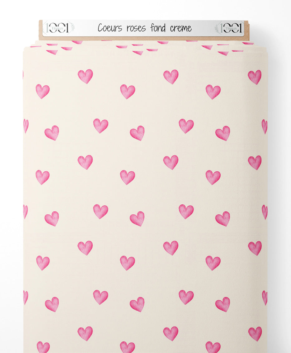 Tissu - Cœurs roses sur fond crème