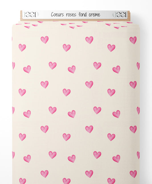 Tissu - Cœurs roses sur fond crème