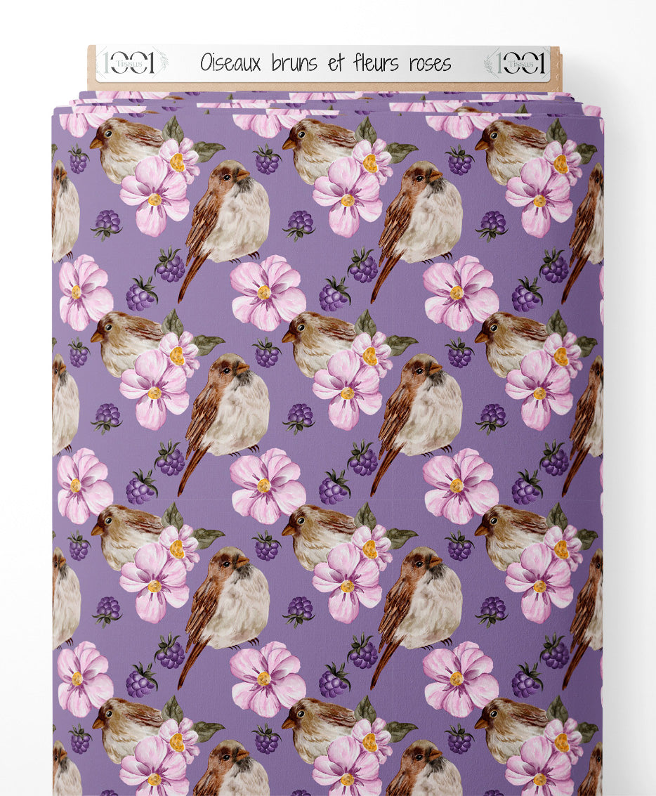 Tissu - Oiseaux bruns et fleurs roses