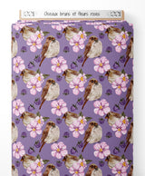 Tissu - Oiseaux bruns et fleurs roses