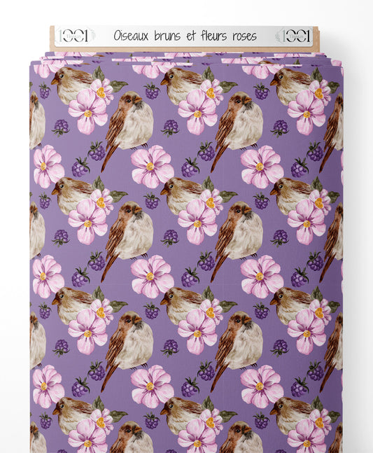 Tissu - Oiseaux bruns et fleurs roses