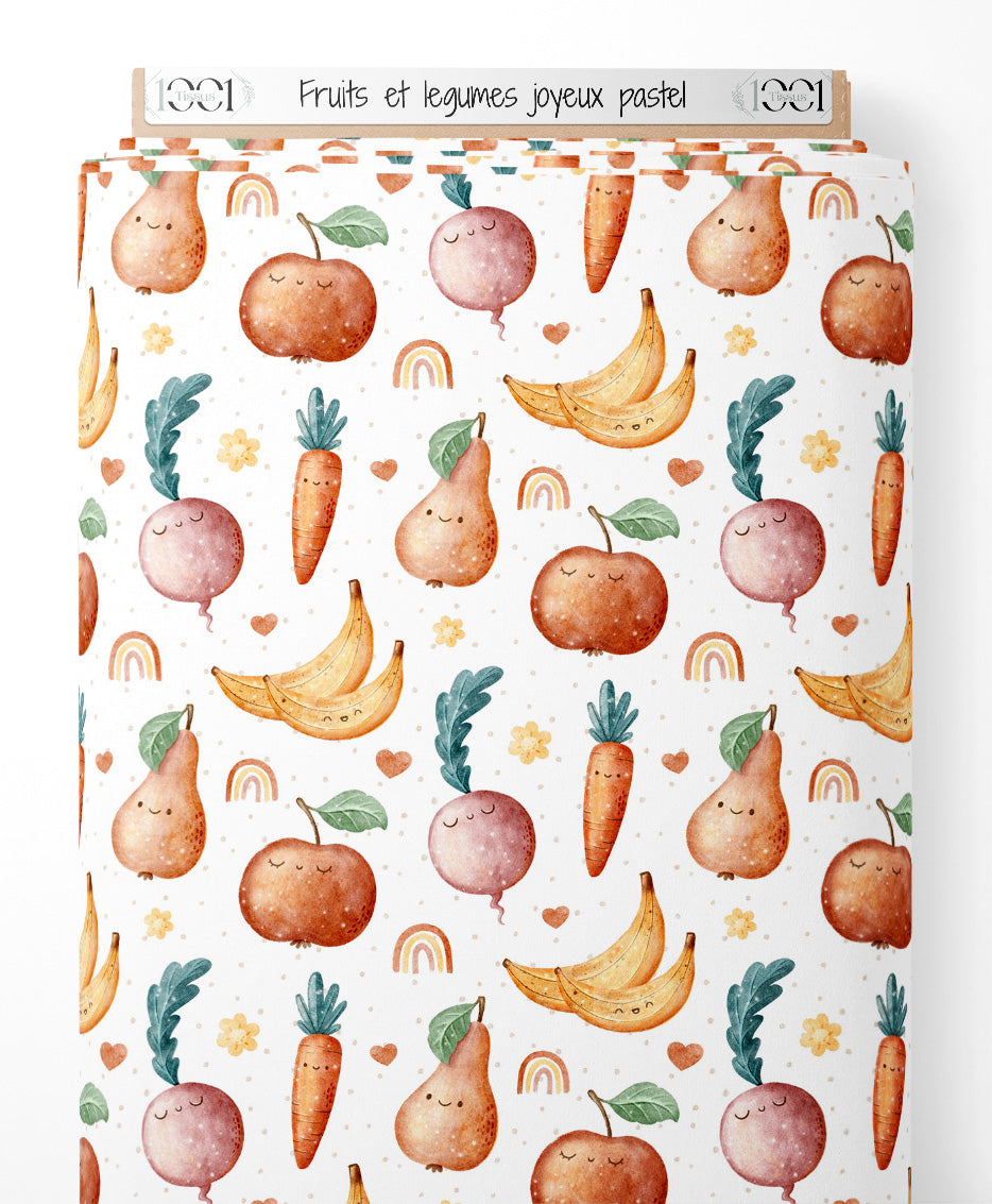 Tissu - Fruits et légumes joyeux pastel
