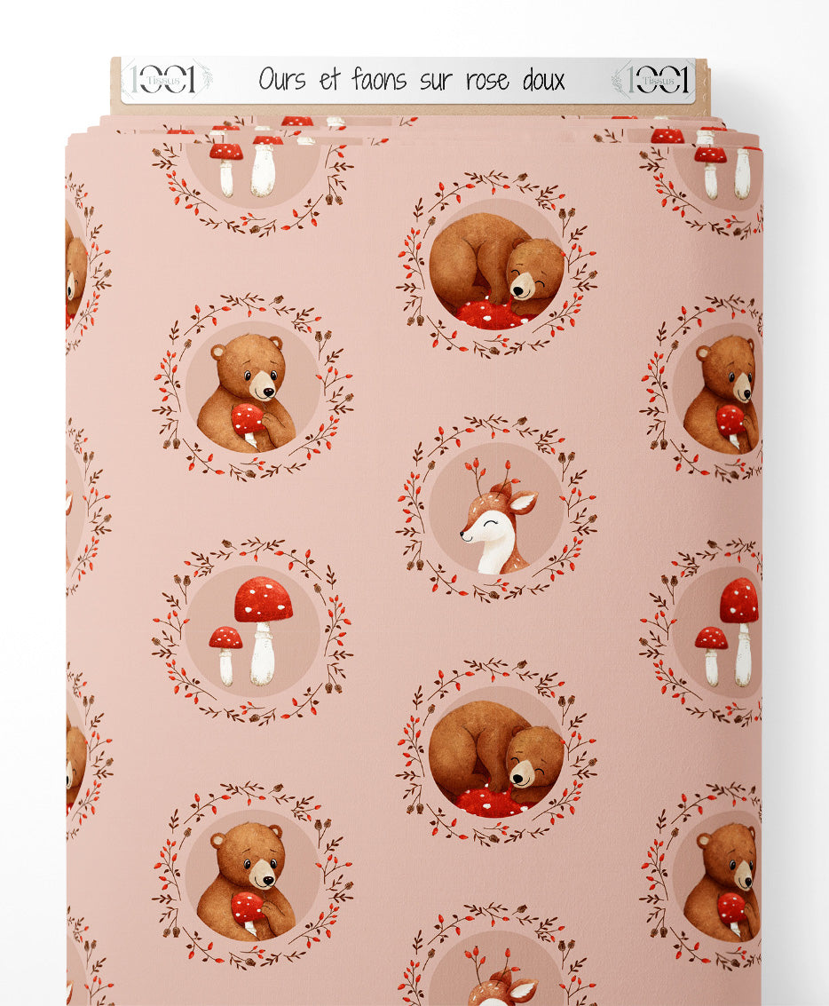 Tissu - Ours et faons sur rose doux