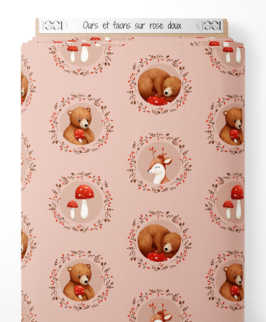 Tissu - Ours et faons sur rose doux