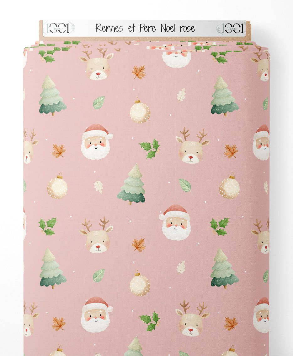 Tissu - Rennes et Père Noël rose
