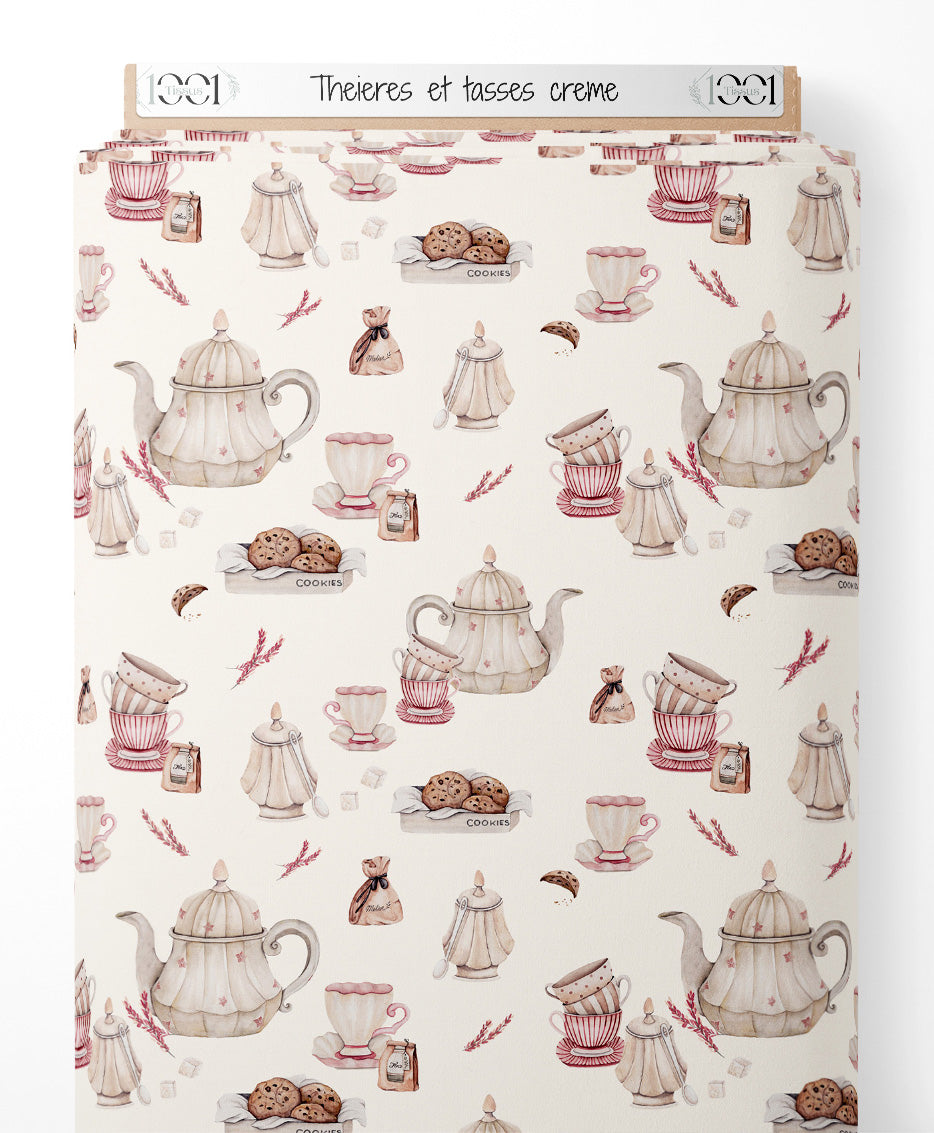 Tissu - Théières et tasses crème