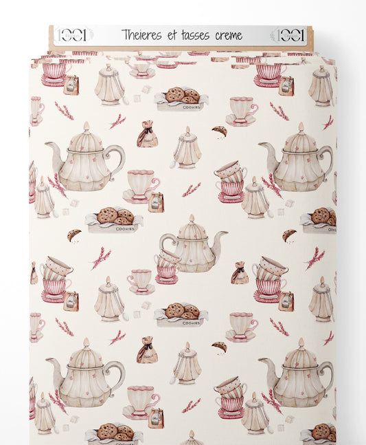 Tissu - Théières et tasses crème