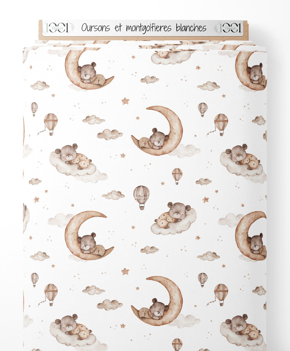Tissu - Oursons et montgolfières blanches