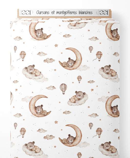 Tissu - Oursons et montgolfières blanches