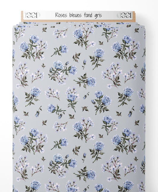 Tissu - Roses bleues sur fond gris