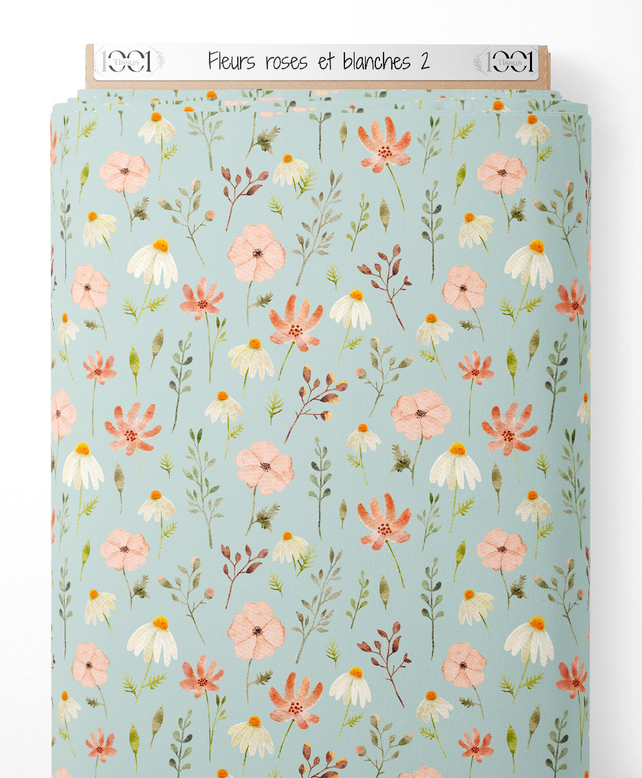 Tissu - Fleurs roses et blanches 2