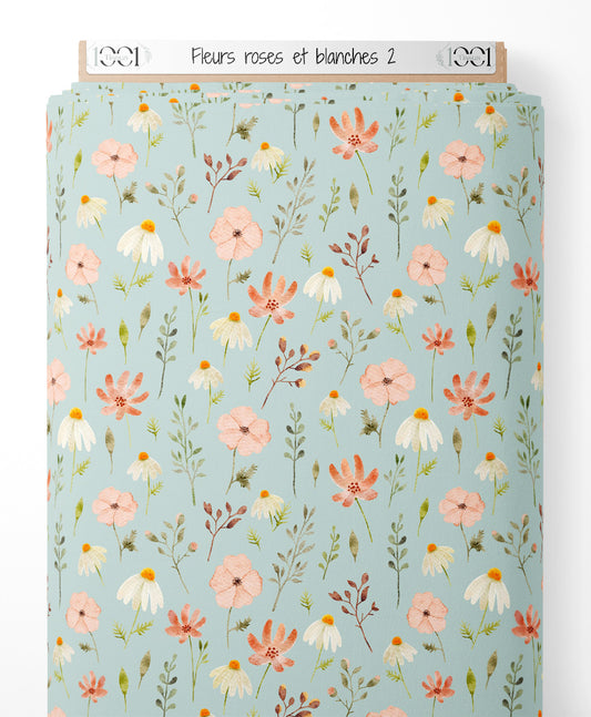Tissu - Fleurs roses et blanches 2