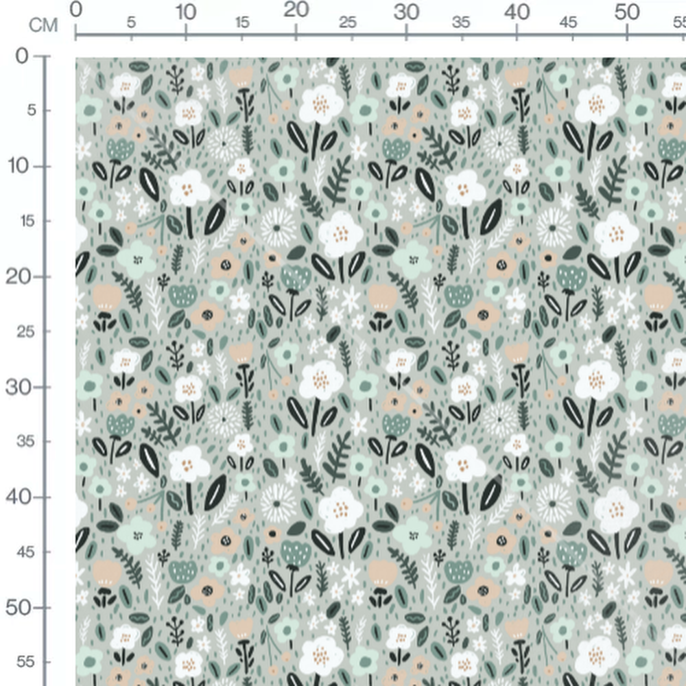 Tissu - Fleurs blanches et vertes gris