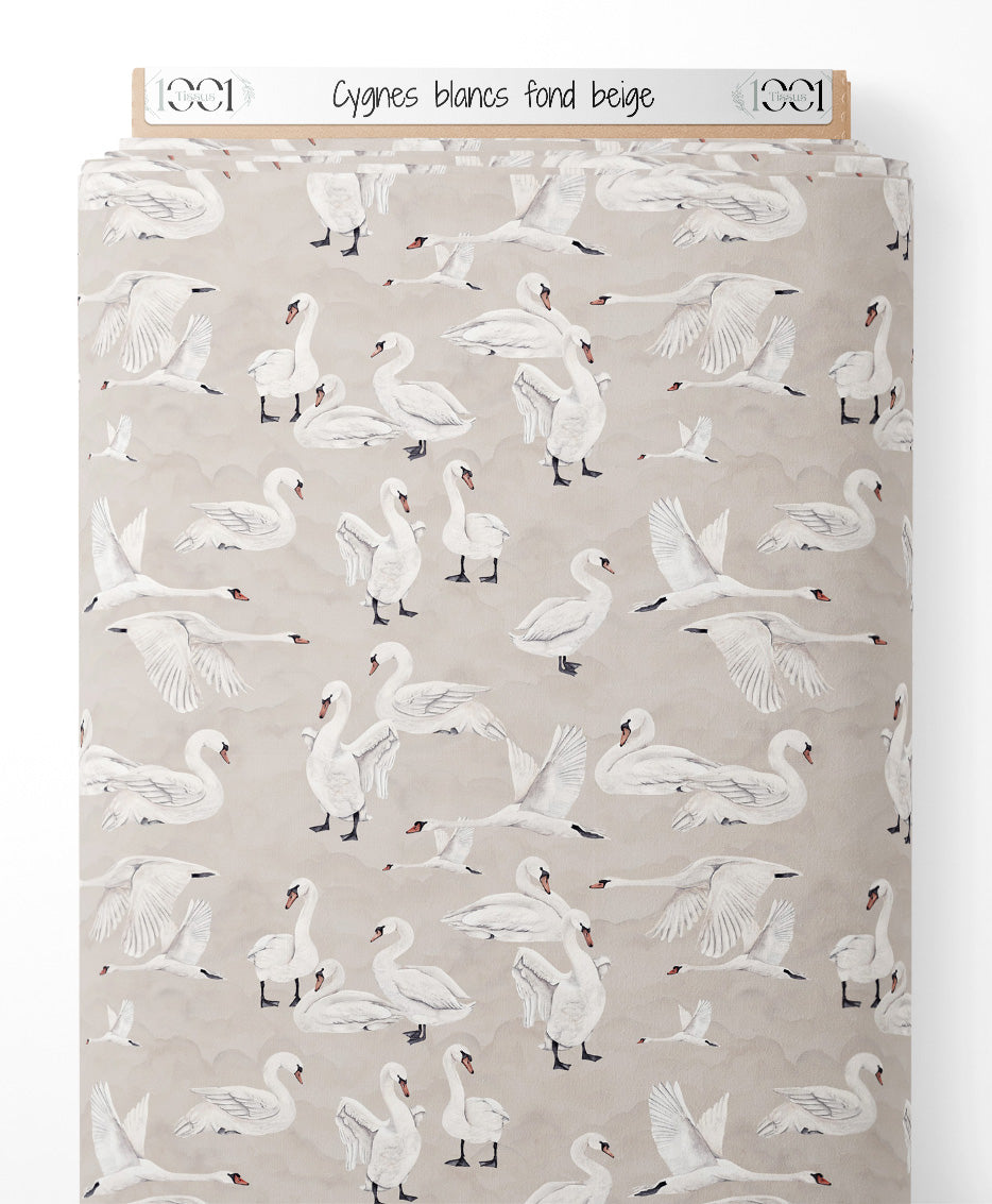 Tissu - Cygnes blancs sur fond beige