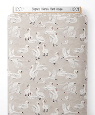 Tissu - Cygnes blancs sur fond beige