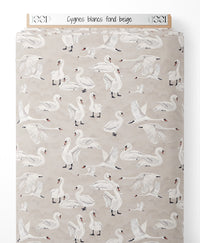 Tissu - Cygnes blancs sur fond beige
