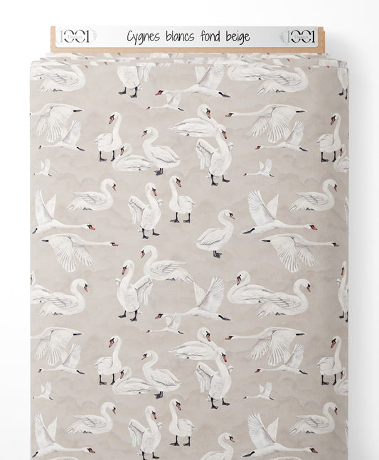 Tissu - Cygnes blancs sur fond beige