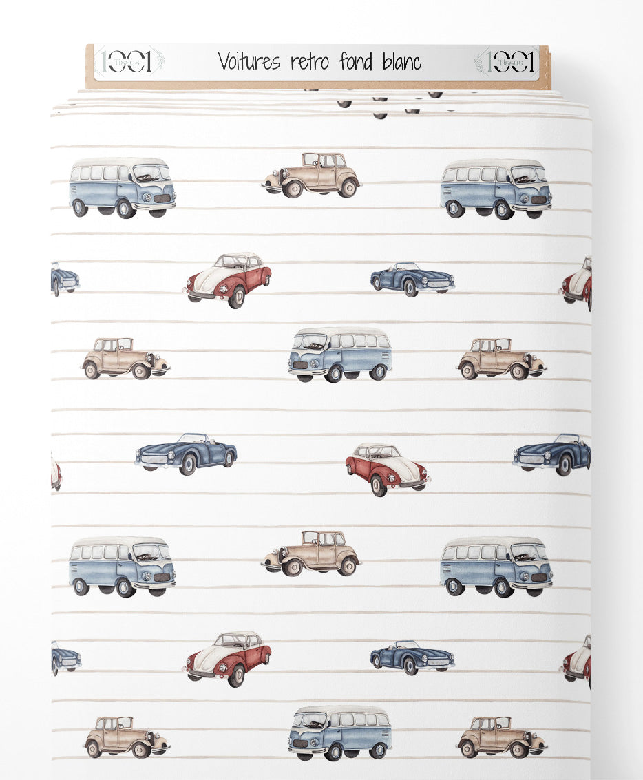 Tissu - Voitures rétro sur fond blanc