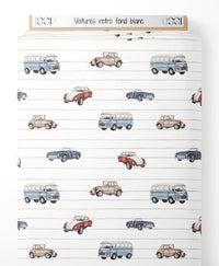 Tissu - Voitures rétro sur fond blanc