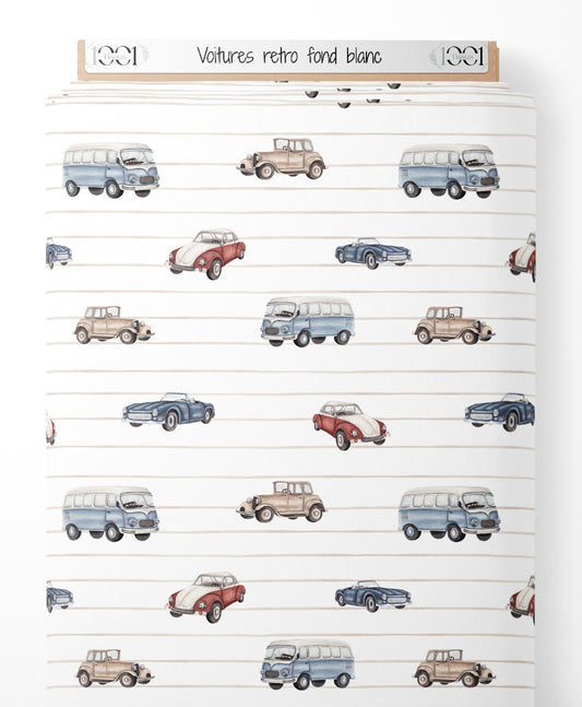 Tissu - Voitures rétro sur fond blanc