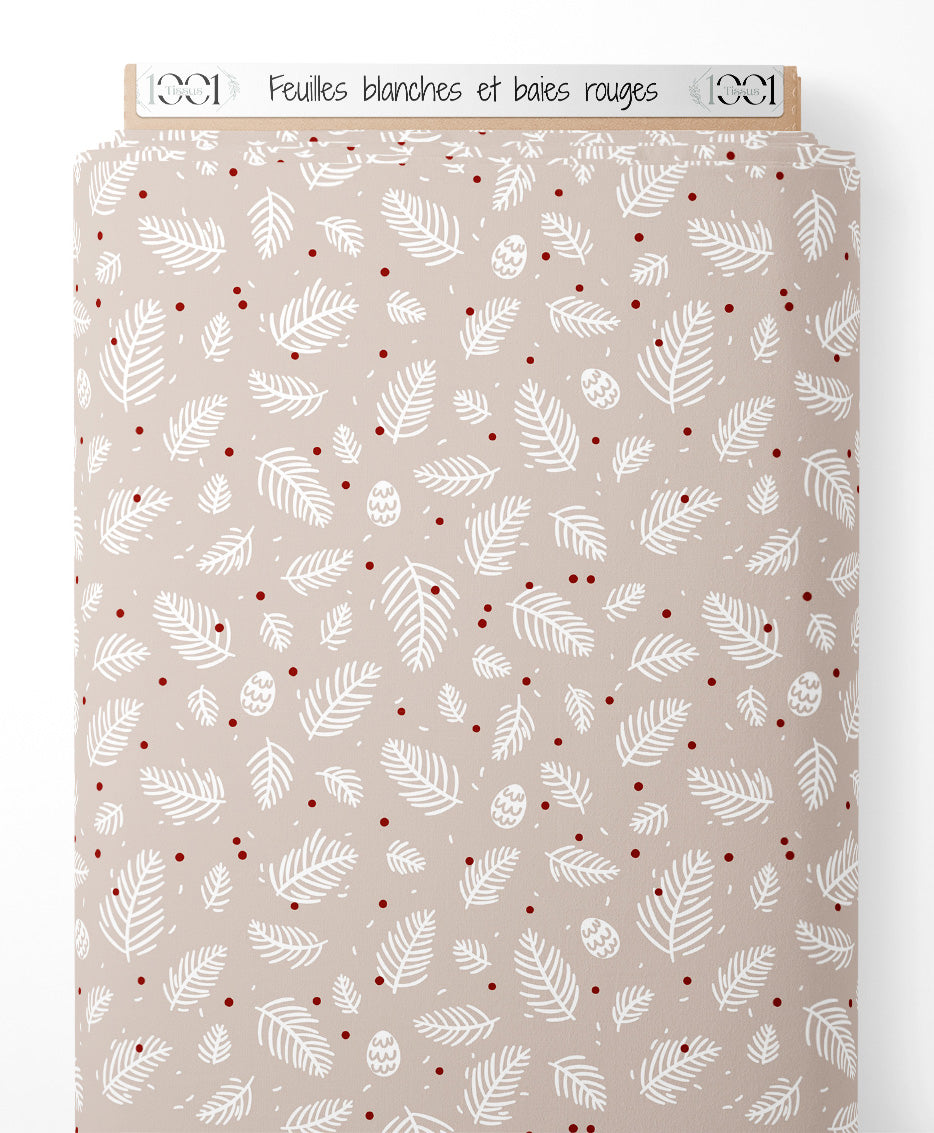Tissu - Feuilles blanches et baies rouges