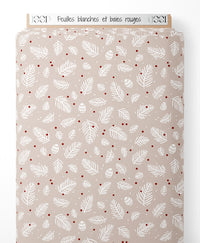 Tissu - Feuilles blanches et baies rouges