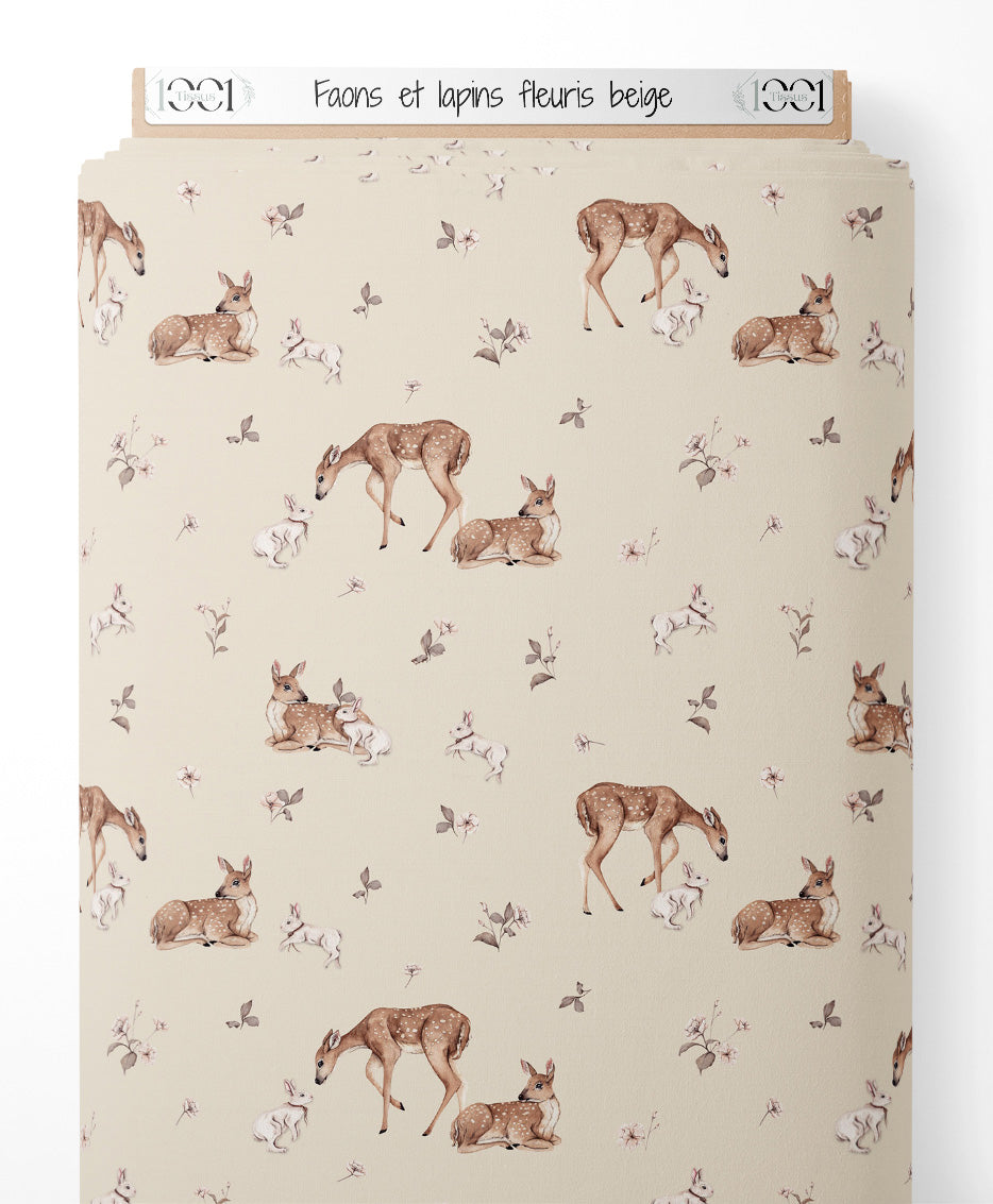 Tissu - Faons et lapins fleuris beige