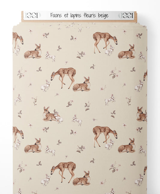 Tissu - Faons et lapins fleuris beige
