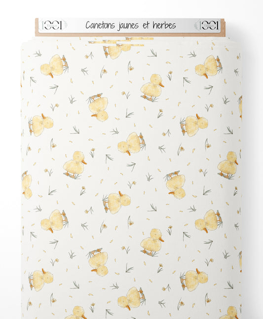 Tissu - Canetons jaunes et herbes