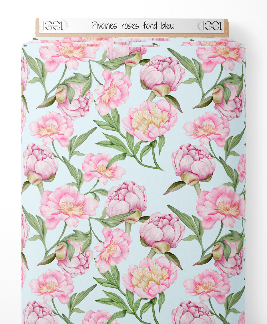 Tissu - Pivoines roses sur fond bleu