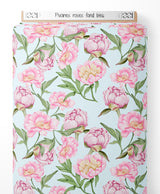 Tissu - Pivoines roses sur fond bleu