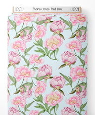 Tissu - Pivoines roses sur fond bleu