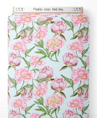 Tissu - Pivoines roses sur fond bleu