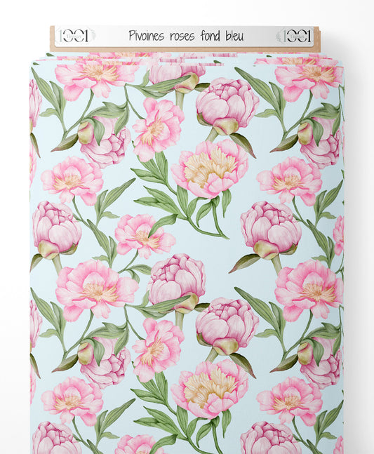 Tissu - Pivoines roses sur fond bleu