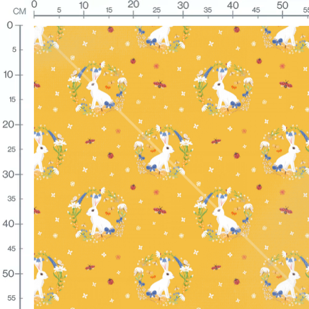 Tissu - Lapins et fleurs sur fond jaune