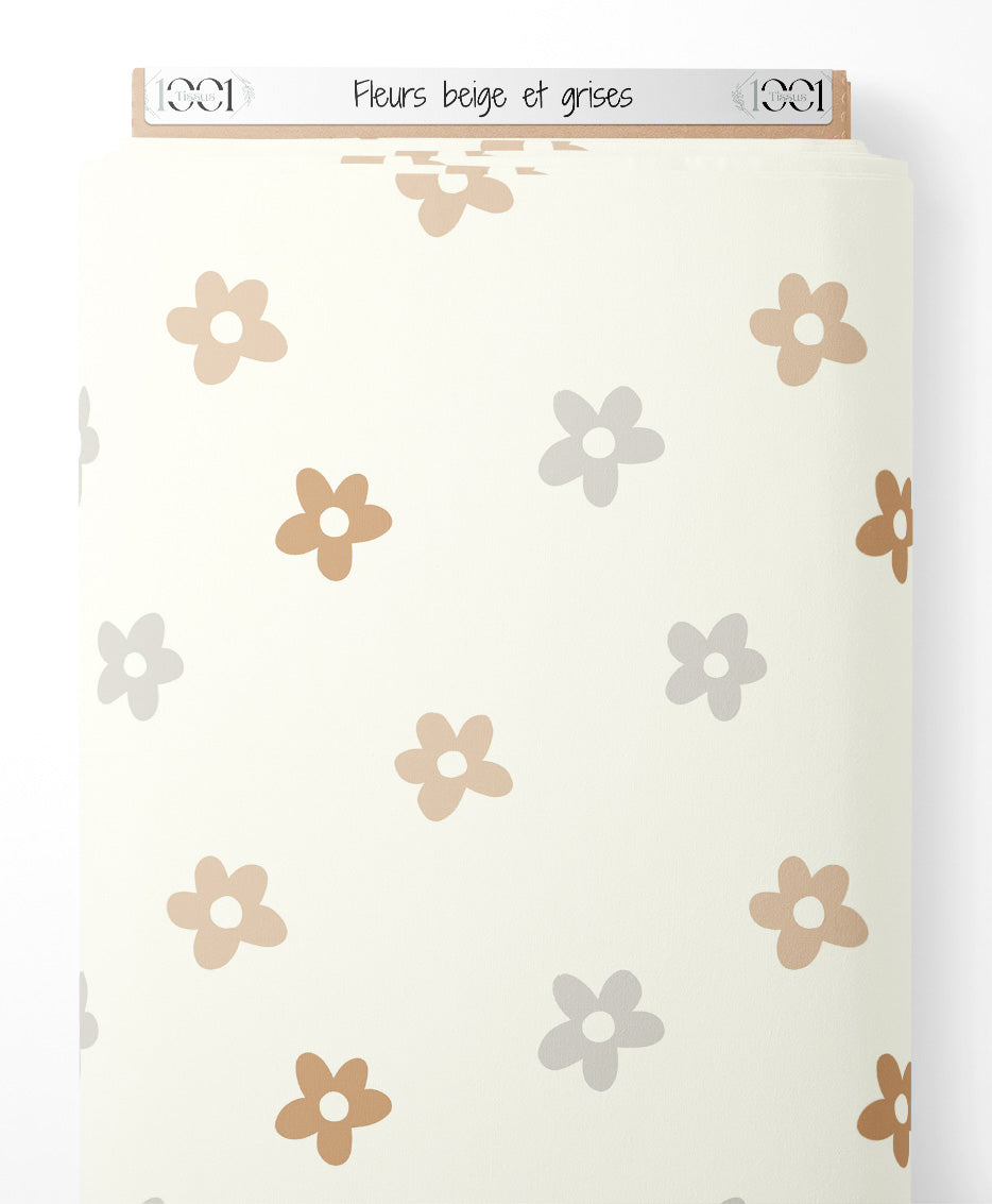 Tissu - Fleurs beige et grises