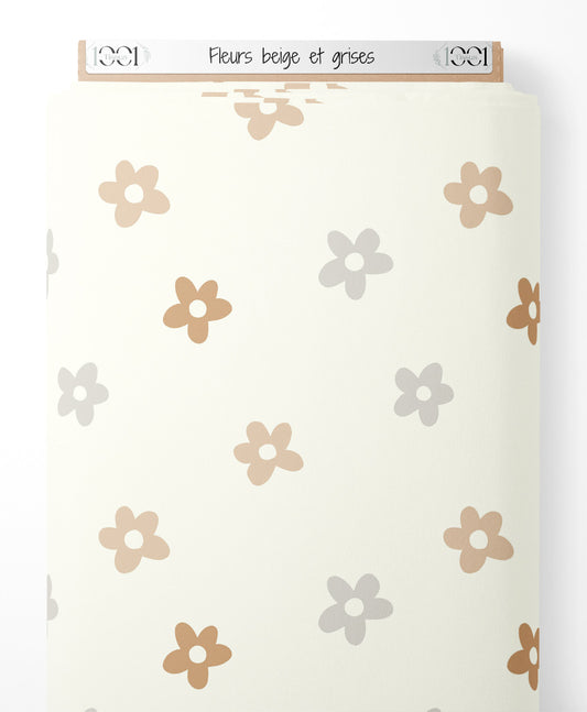 Tissu - Fleurs beige et grises