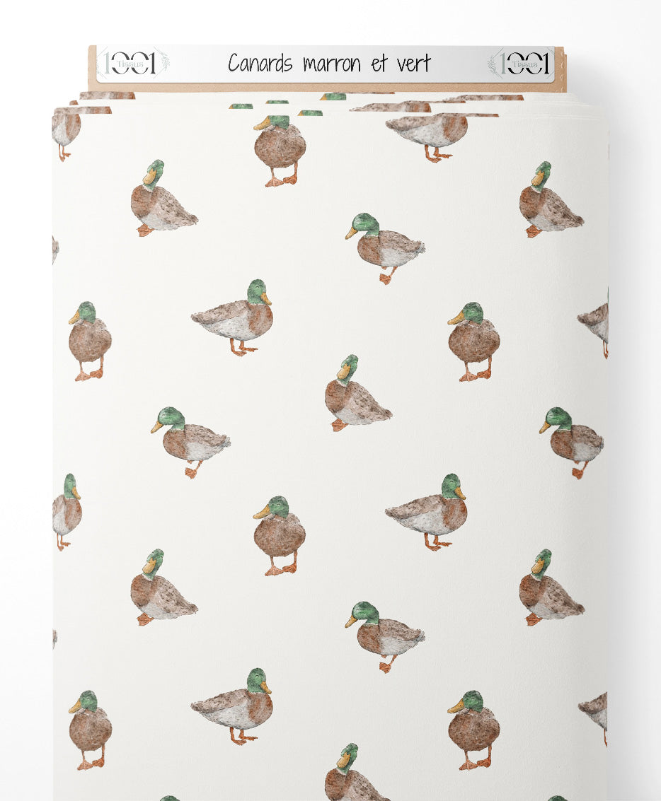Tissu - Canards marron et vert