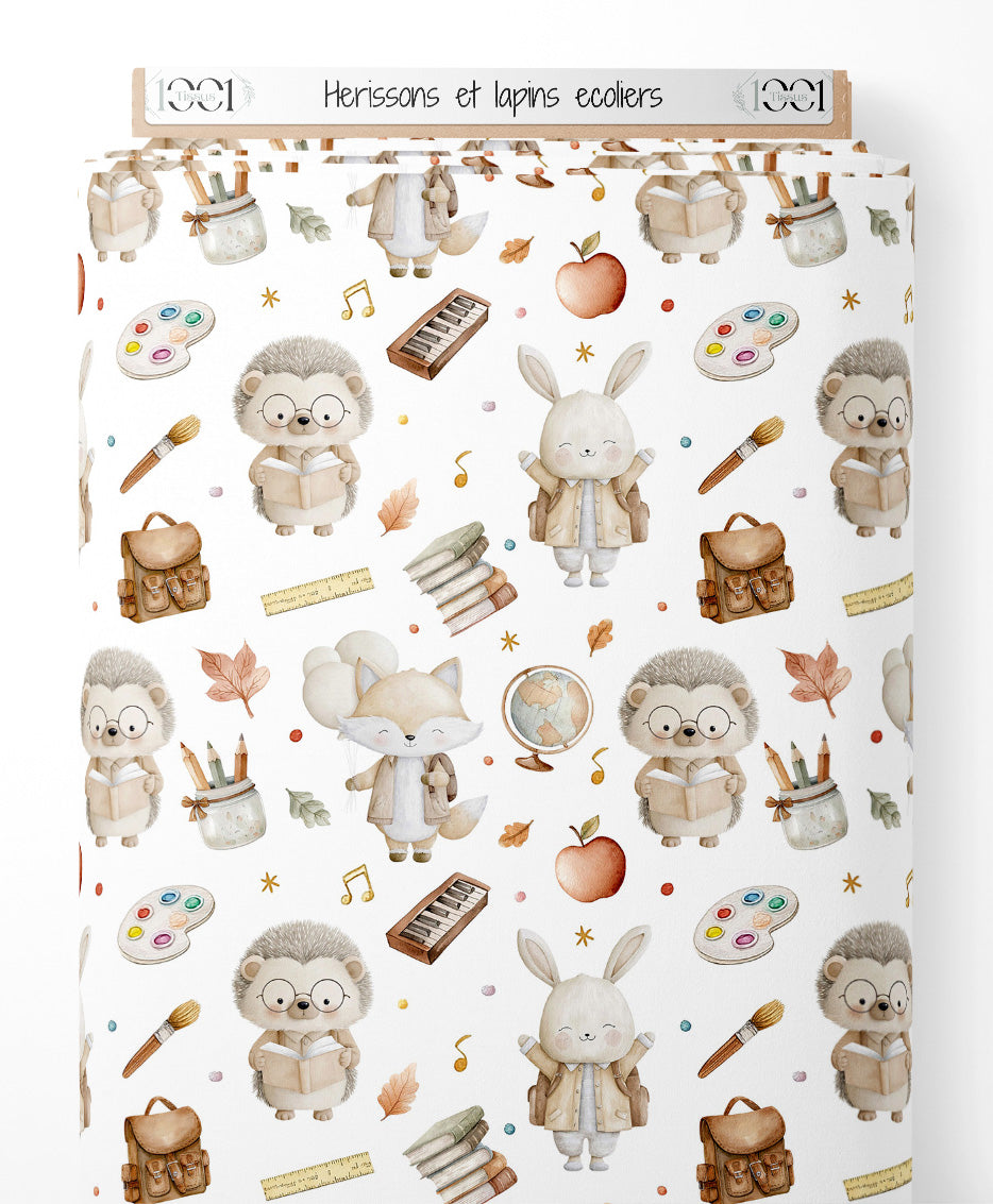 Tissu - Hérissons et lapins écoliers