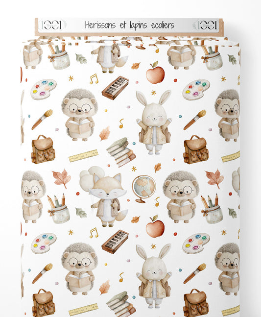 Tissu - Hérissons et lapins écoliers