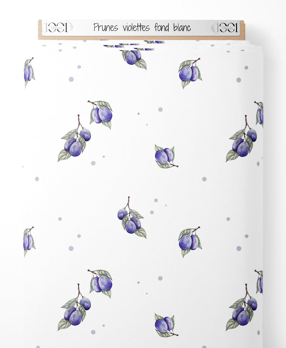Tissu - Prunes violettes sur fond blanc